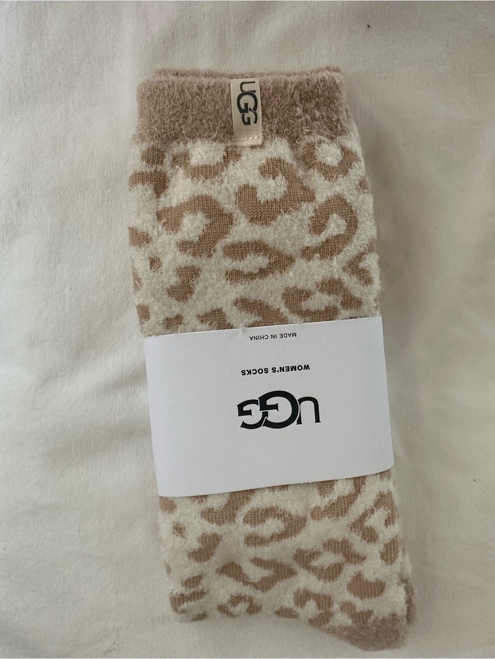 UGG Women's Leopard Print Fuzzy Crew Socks in Cream & Tan